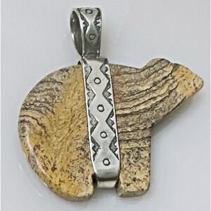Carolyn Pollack Jasper Bear Pendant Sterling Silver Southwestern 2" & .5" Bail